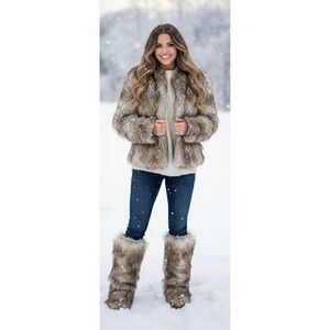 Fashion Nova Womens Faux Fur Jacket Brown Tan Shaggy Open Front Coat FJK02 Med